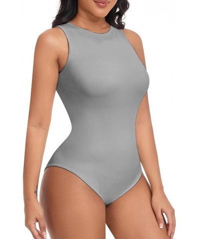 Women Bodysuits 3 Piece Tank Tops Ribbed Sleeveless Sexy One Piece Halter Neck Shapewear Bodysuit Z-grey $11.59 Lingerie