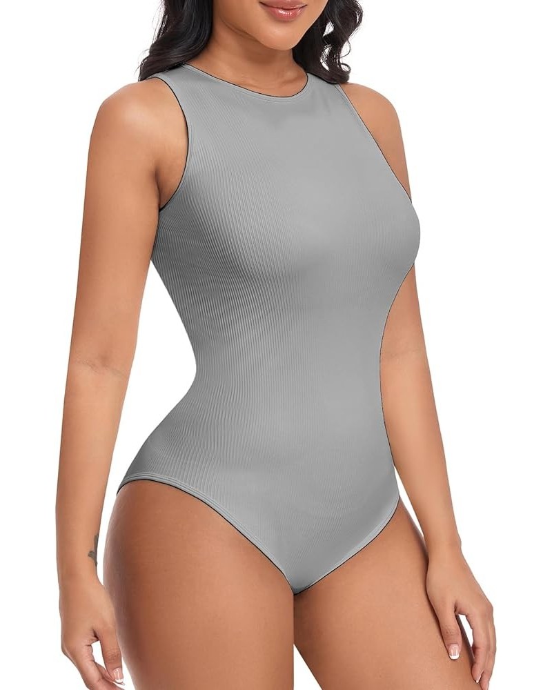 Women Bodysuits 3 Piece Tank Tops Ribbed Sleeveless Sexy One Piece Halter Neck Shapewear Bodysuit Z-grey $11.59 Lingerie