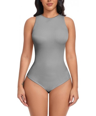 Women Bodysuits 3 Piece Tank Tops Ribbed Sleeveless Sexy One Piece Halter Neck Shapewear Bodysuit Z-grey $11.59 Lingerie