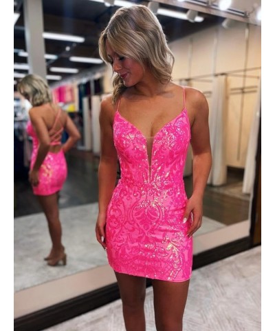 Short Sequin Tight Homecoming Dresses Sparkly Lace Prom Dress for Teens Mini Cocktail Dress Hot Pink $38.25 Dresses