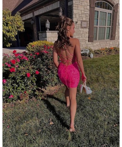 Short Sequin Tight Homecoming Dresses Sparkly Lace Prom Dress for Teens Mini Cocktail Dress Hot Pink $38.25 Dresses