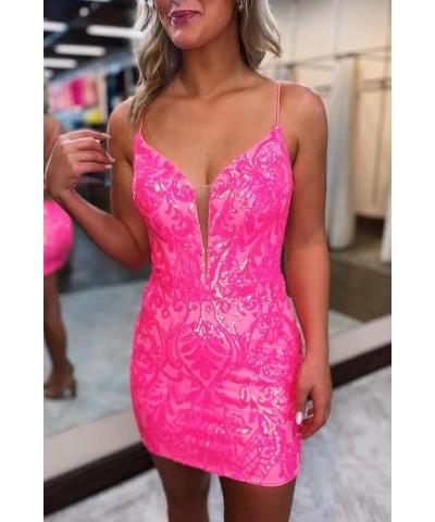 Short Sequin Tight Homecoming Dresses Sparkly Lace Prom Dress for Teens Mini Cocktail Dress Hot Pink $38.25 Dresses