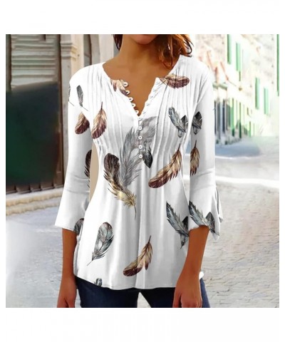 Fall Tops for Women Casual 3/4 Length Sleeve T Shirts Button Up V Neck Tunics Floral Print Loose Lightweight Blouses 02 White...