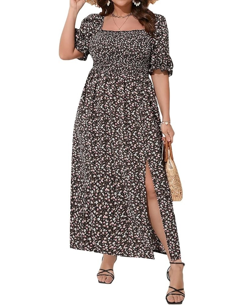 Women's Plus Size Floral Boho Puff Sleeve Square Neck Shirred Split A Line Summer Long Maxi Dress Black $31.19 Dresses