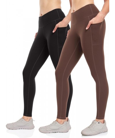 Women's 2 Pack Workout Leggings with Pockets 27"- Buttery Soft High Waisted Tummy Control Running Yoga Pants Black/Java Brown...