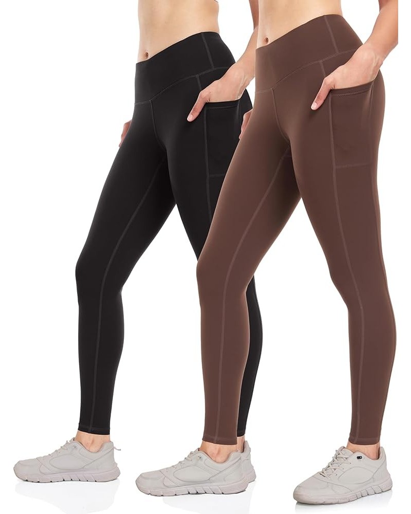 Women's 2 Pack Workout Leggings with Pockets 27"- Buttery Soft High Waisted Tummy Control Running Yoga Pants Black/Java Brown...