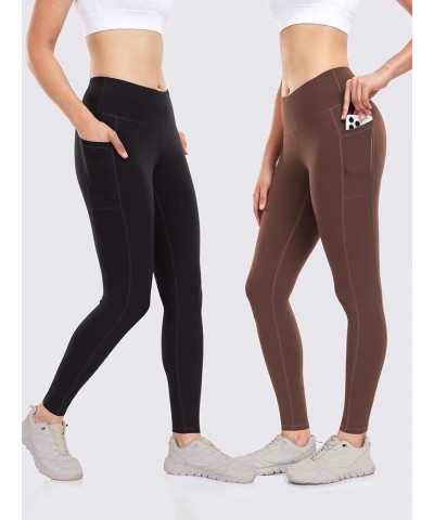 Women's 2 Pack Workout Leggings with Pockets 27"- Buttery Soft High Waisted Tummy Control Running Yoga Pants Black/Java Brown...