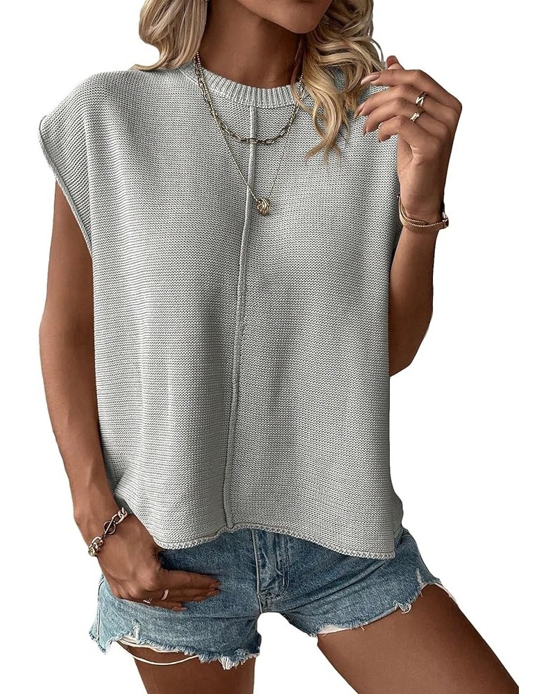 Women's Casual Cap Sleeve Crew Neck Pullover Sweater Vest Loose Fit Knit Tops Light Grey $10.06 Sweaters