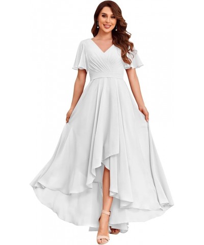 Women's V Neck Bridesmaid Dresses with Sleeves Chiffon A-Line Pleated High Low Formal Gown with Pockets White $38.99 Dresses