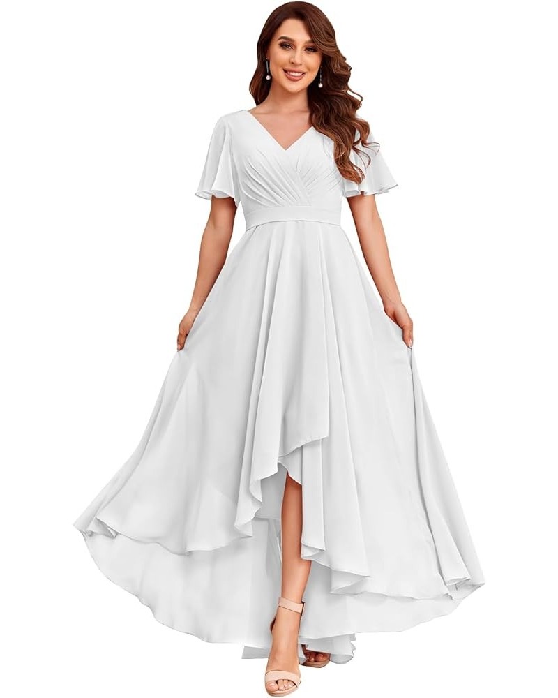 Women's V Neck Bridesmaid Dresses with Sleeves Chiffon A-Line Pleated High Low Formal Gown with Pockets White $38.99 Dresses