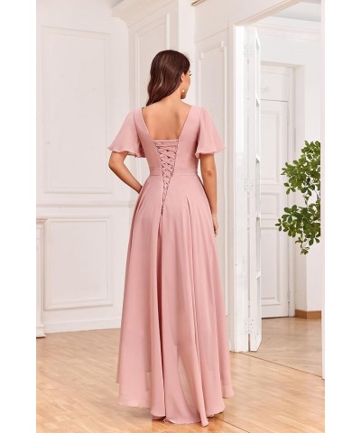 Women's V Neck Bridesmaid Dresses with Sleeves Chiffon A-Line Pleated High Low Formal Gown with Pockets White $38.99 Dresses