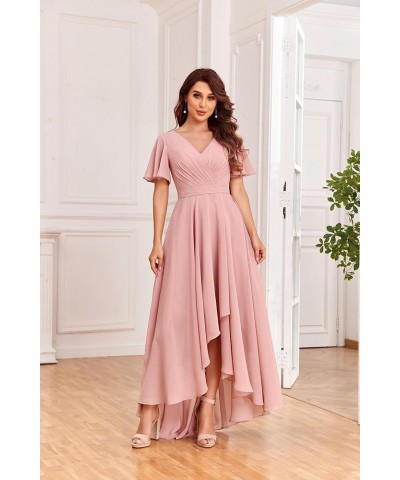 Women's V Neck Bridesmaid Dresses with Sleeves Chiffon A-Line Pleated High Low Formal Gown with Pockets White $38.99 Dresses