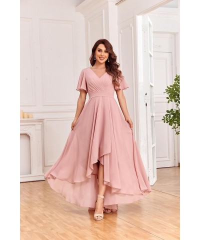 Women's V Neck Bridesmaid Dresses with Sleeves Chiffon A-Line Pleated High Low Formal Gown with Pockets White $38.99 Dresses