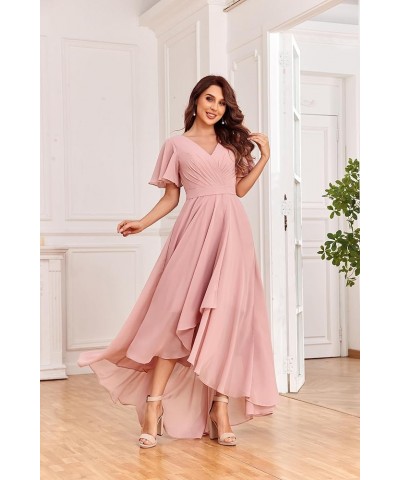 Women's V Neck Bridesmaid Dresses with Sleeves Chiffon A-Line Pleated High Low Formal Gown with Pockets White $38.99 Dresses