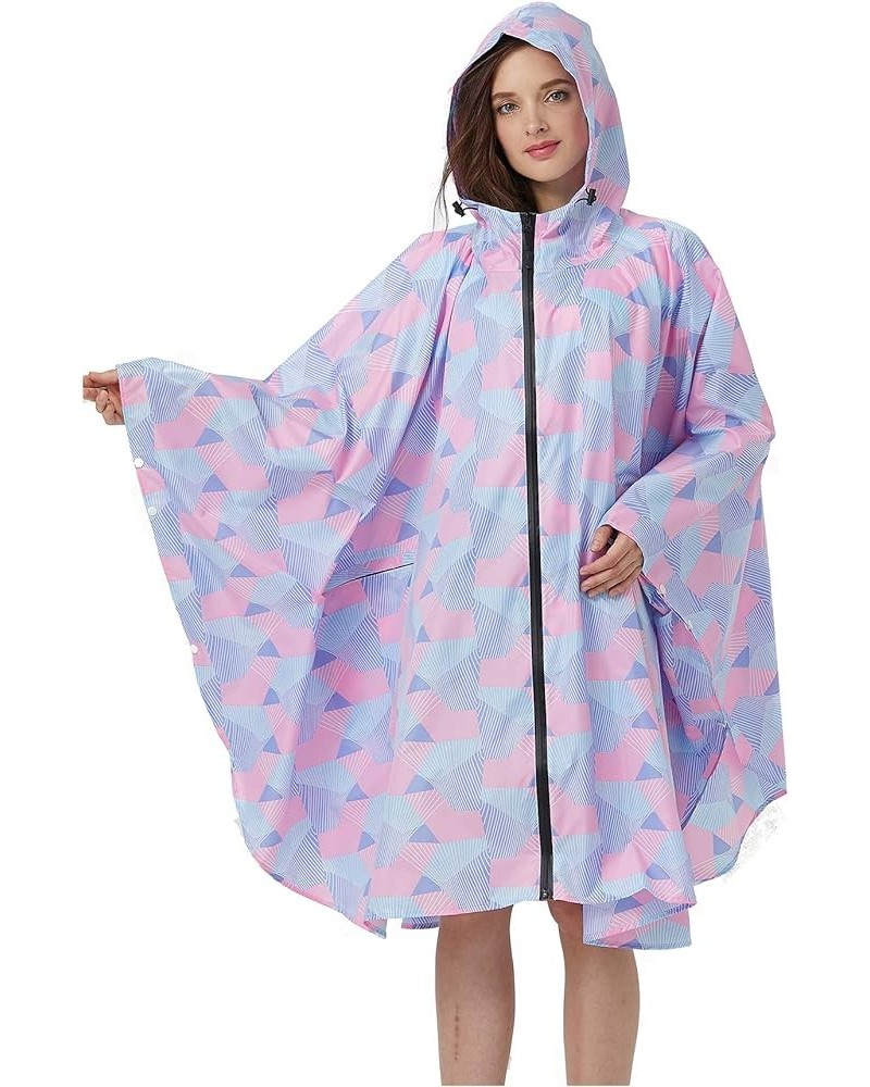 Womens Rain Poncho Stylish Polyester Waterproof Raincoat Free Size with Hood Zipper Various Colors Styles Pink Geometry $13.2...