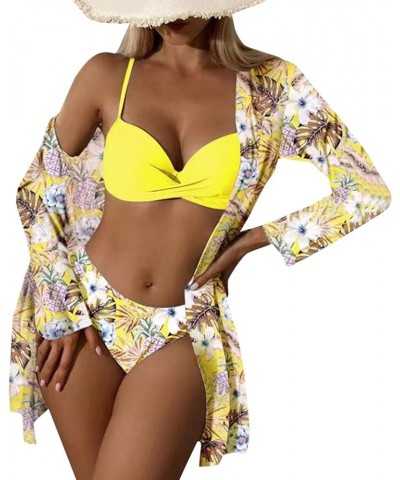 3pcs Set Women Bikini with Cover Up Swimsuit Floral Print Bottom Knotted Front Top High Waisted Swimwear 05-f $13.25 Swimsuits