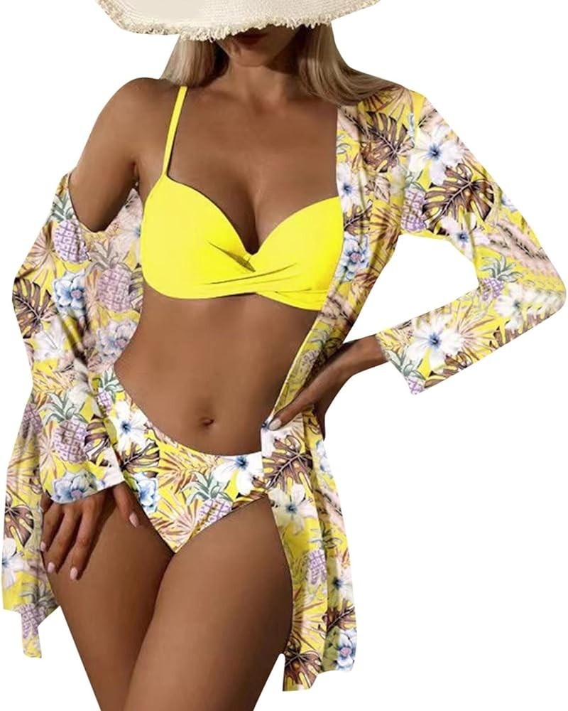 3pcs Set Women Bikini with Cover Up Swimsuit Floral Print Bottom Knotted Front Top High Waisted Swimwear 05-f $13.25 Swimsuits