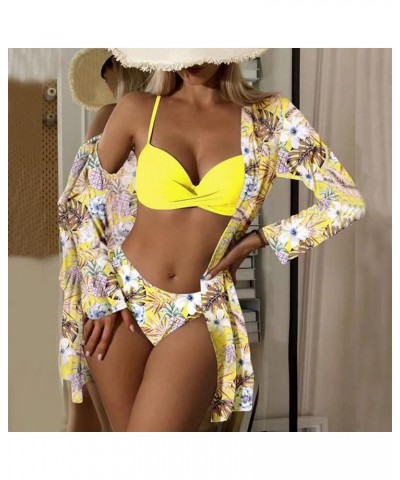 3pcs Set Women Bikini with Cover Up Swimsuit Floral Print Bottom Knotted Front Top High Waisted Swimwear 05-f $13.25 Swimsuits