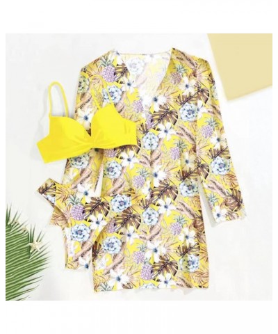 3pcs Set Women Bikini with Cover Up Swimsuit Floral Print Bottom Knotted Front Top High Waisted Swimwear 05-f $13.25 Swimsuits