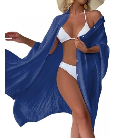 Batwing Sleeve Beach Cover Up Button Front Kimono Bathing suit Cover Ups Royal Blue $18.23 Swimsuits