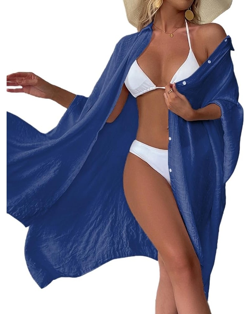 Batwing Sleeve Beach Cover Up Button Front Kimono Bathing suit Cover Ups Royal Blue $18.23 Swimsuits