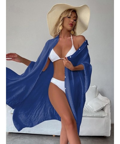 Batwing Sleeve Beach Cover Up Button Front Kimono Bathing suit Cover Ups Royal Blue $18.23 Swimsuits