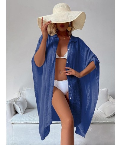 Batwing Sleeve Beach Cover Up Button Front Kimono Bathing suit Cover Ups Royal Blue $18.23 Swimsuits