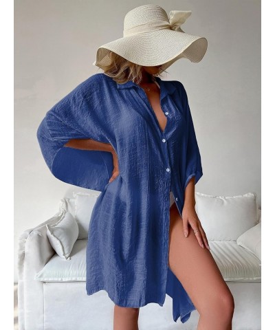 Batwing Sleeve Beach Cover Up Button Front Kimono Bathing suit Cover Ups Royal Blue $18.23 Swimsuits