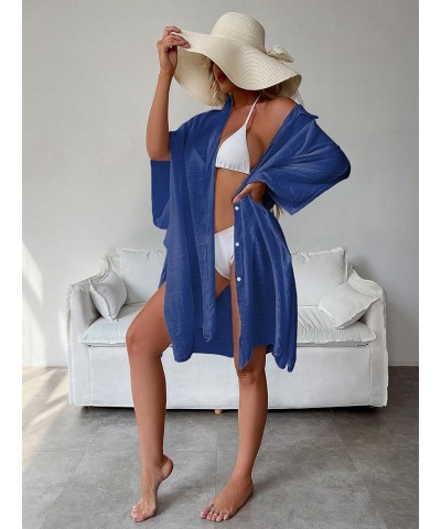 Batwing Sleeve Beach Cover Up Button Front Kimono Bathing suit Cover Ups Royal Blue $18.23 Swimsuits