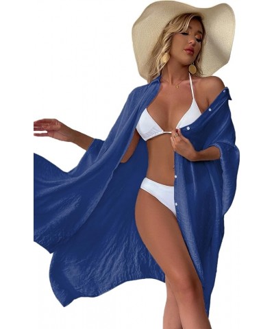 Batwing Sleeve Beach Cover Up Button Front Kimono Bathing suit Cover Ups Royal Blue $18.23 Swimsuits