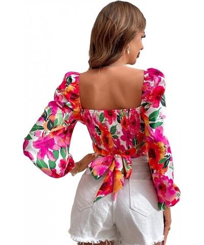 Women's Sweetheart Neck Lantern Long Sleeve Tie Back Blouse Crop Top Red Flower $13.99 Blouses