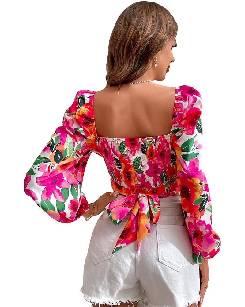 Women's Sweetheart Neck Lantern Long Sleeve Tie Back Blouse Crop Top Red Flower $13.99 Blouses