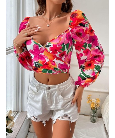 Women's Sweetheart Neck Lantern Long Sleeve Tie Back Blouse Crop Top Red Flower $13.99 Blouses