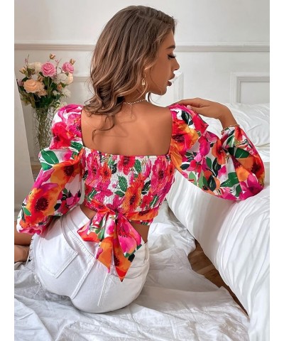 Women's Sweetheart Neck Lantern Long Sleeve Tie Back Blouse Crop Top Red Flower $13.99 Blouses