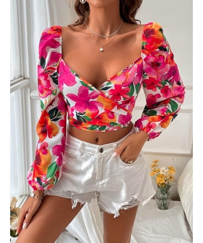 Women's Sweetheart Neck Lantern Long Sleeve Tie Back Blouse Crop Top Red Flower $13.99 Blouses