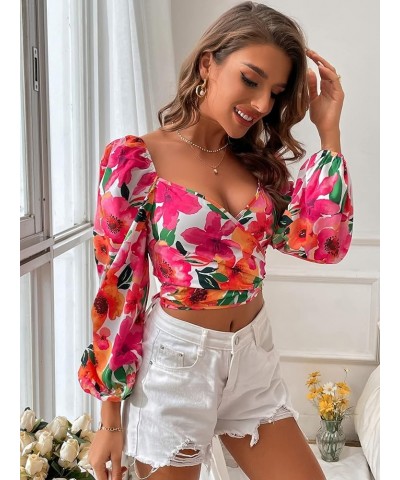 Women's Sweetheart Neck Lantern Long Sleeve Tie Back Blouse Crop Top Red Flower $13.99 Blouses