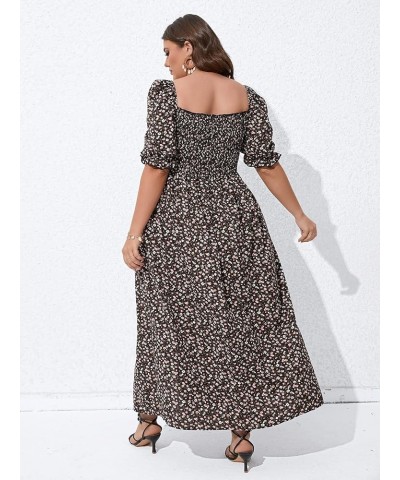 Women's Plus Size Floral Boho Puff Sleeve Square Neck Shirred Split A Line Summer Long Maxi Dress Black $31.19 Dresses