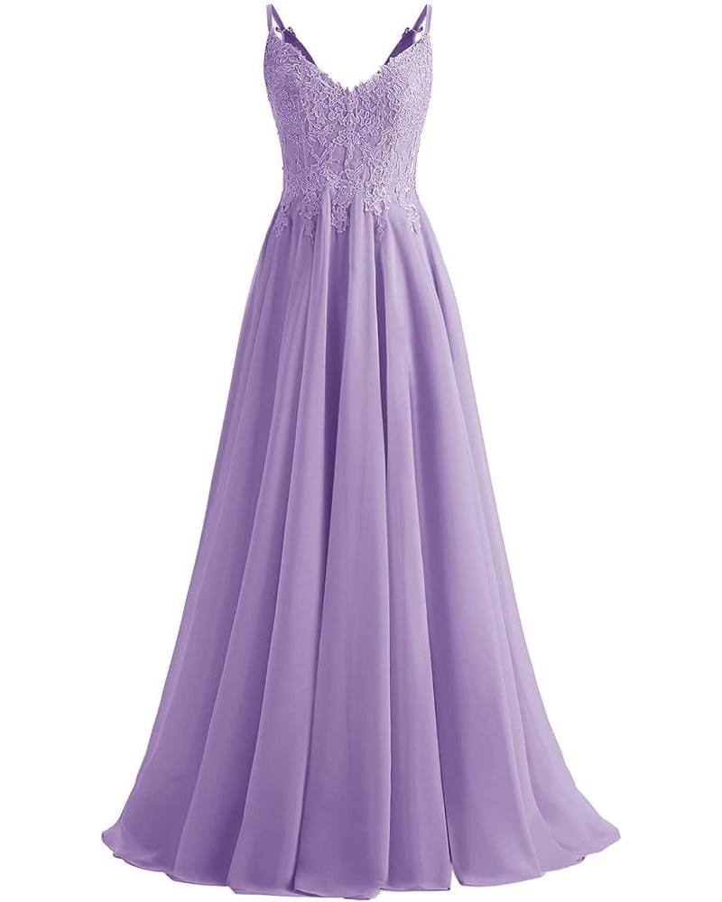 V-Neck Bridesmaid Dresses for Women 2024 Lace Appliques Chiffon Prom Dress Formal Evening Party Gowns Light Purple $33.79 Dre...