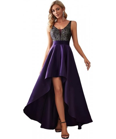 Women's V-Neck A-line High-Low Party Dress Long Evening Dress 0667 Purple $42.63 Dresses