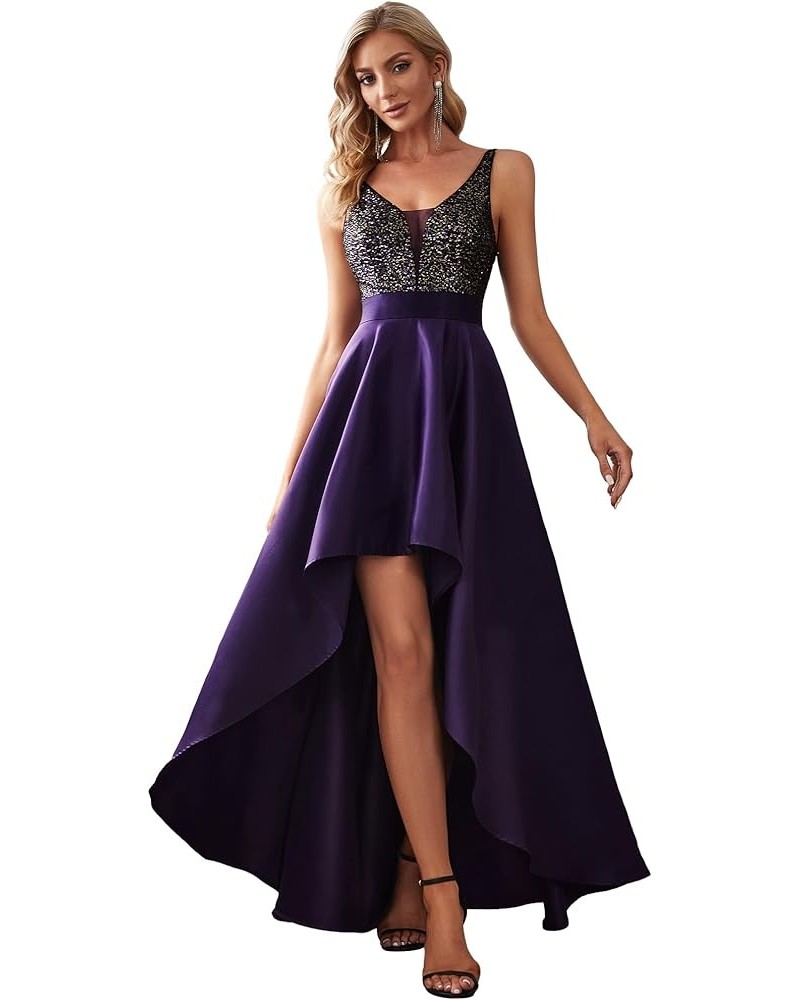 Women's V-Neck A-line High-Low Party Dress Long Evening Dress 0667 Purple $42.63 Dresses