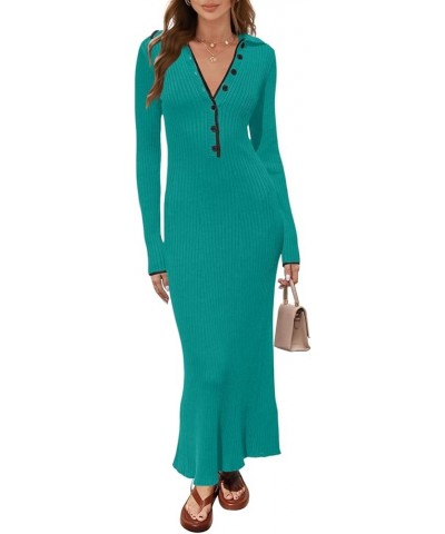 Women's Long Sleeve V Neck Sweater Dress Button Ribbed Knit Slim Fit Elegant Maxi Dresses Peacock $30.24 Sweaters