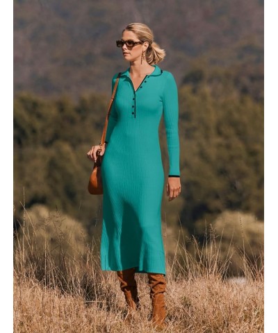 Women's Long Sleeve V Neck Sweater Dress Button Ribbed Knit Slim Fit Elegant Maxi Dresses Peacock $30.24 Sweaters