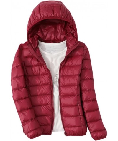 Thin Down Jacket Women Autumn Winter Slim Short Hooded Warm White Duck Down Coat Red Wine Hooded $20.86 Jackets