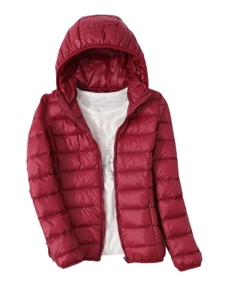 Thin Down Jacket Women Autumn Winter Slim Short Hooded Warm White Duck Down Coat Red Wine Hooded $20.86 Jackets