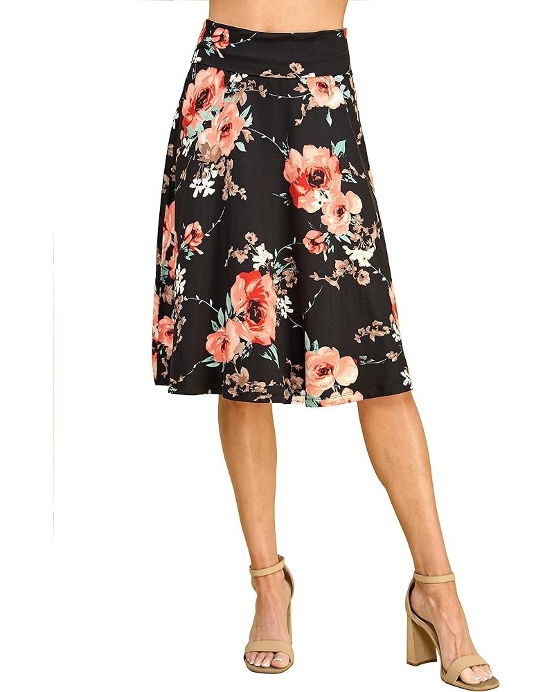 Women's Solid Ombre Lightweight Flare Midi Pull On Closure Skirt S-XXXL Plus Size Wb1105_black_floral $10.15 Skirts