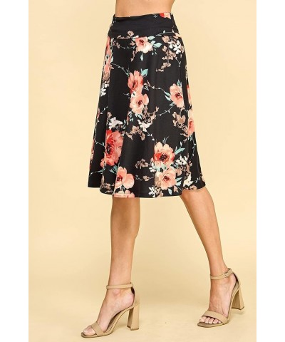 Women's Solid Ombre Lightweight Flare Midi Pull On Closure Skirt S-XXXL Plus Size Wb1105_black_floral $10.15 Skirts