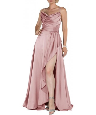 Satin Bridesmaid Dresses 2023 Spaghetti Straps Ruched Backless High Slit Long Prom Dresses for Women Dusty Rose $39.60 Dresses